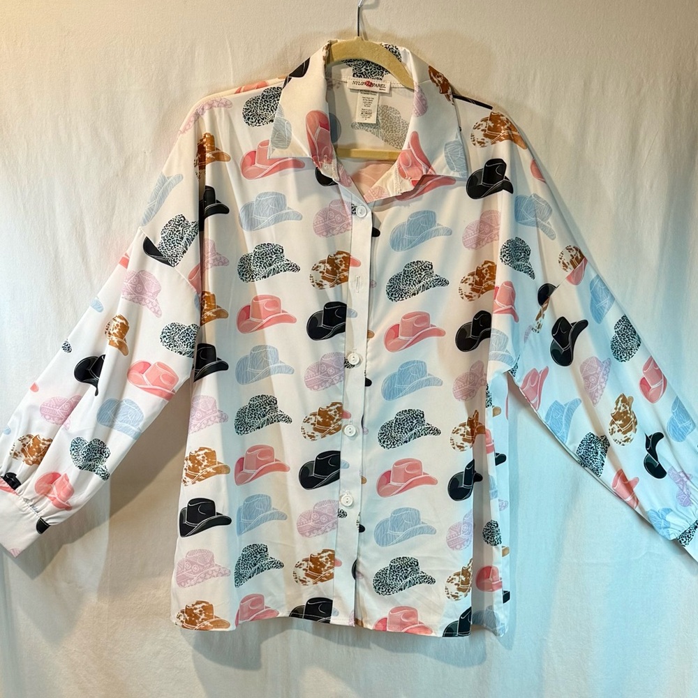 Colorful Cowboy Hat Print Button-Up Shirt